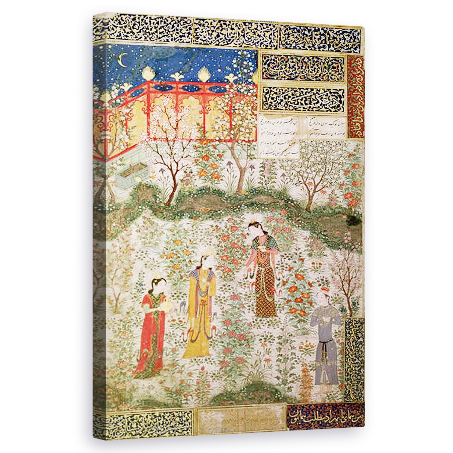 Tablou canvas - Scoala Islamica - Printul persan Humay intalnindu-se cu printesa chineza Humayun intr-o gradina, 60 x 100 cm