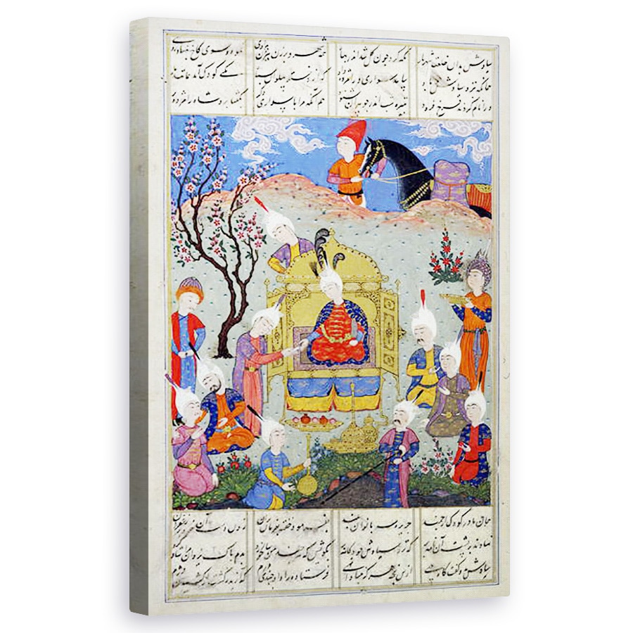 Tablou canvas - Scoala Persana - D-184 fol.146a Un mesager aduce stiri la Siavosh despre nasterea fiului sau, ilustratie din Shahnama Cartea Regilor, 60 x 100 cm