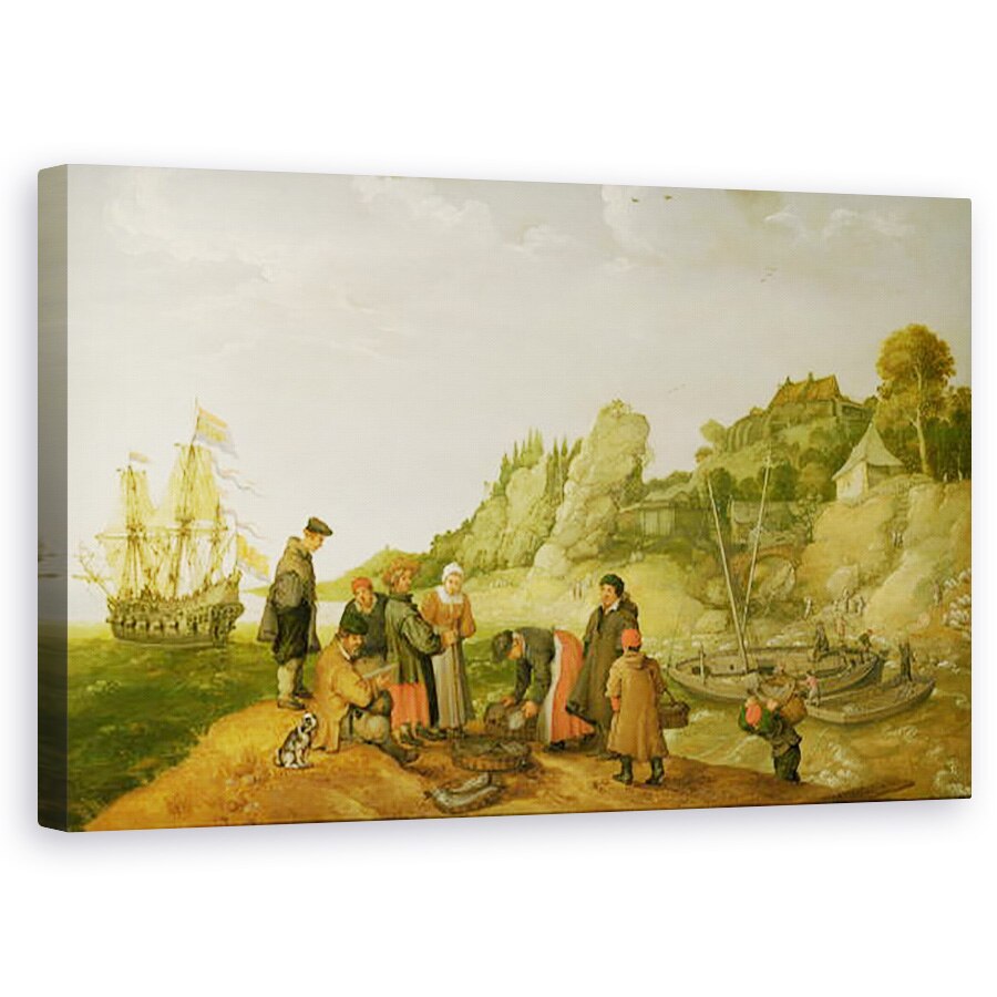 Tablou canvas - Adam Willaerts - Pescarii care descarca si vand captura lor pe un tarm stancos, 60 x 100 cm