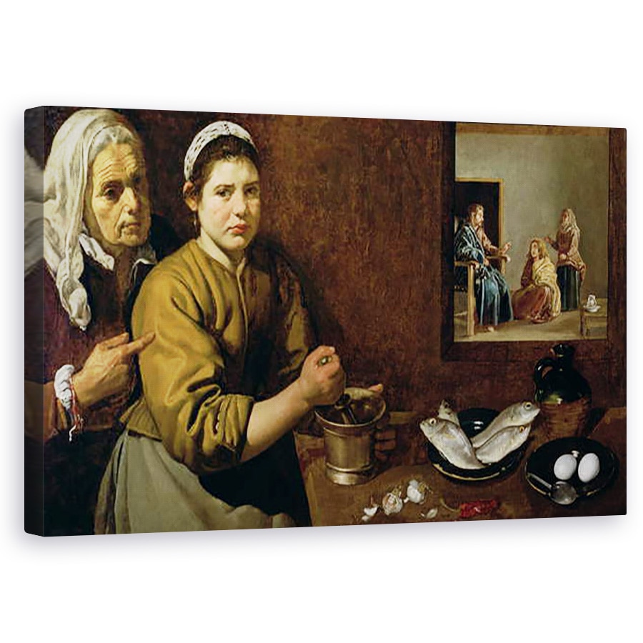 Tablou canvas - Diego Rodriguez de Silva y Velazquez - Scena de bucatarie cu Hristos in casa Martha si Maria, 60 x 100 cm