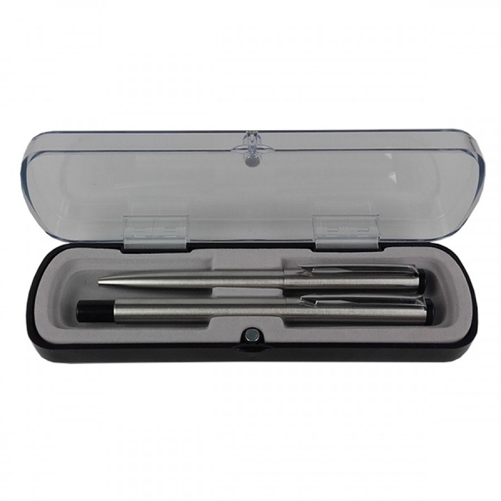 Set pix si roller metal argintiu, in cutie plastic transparent