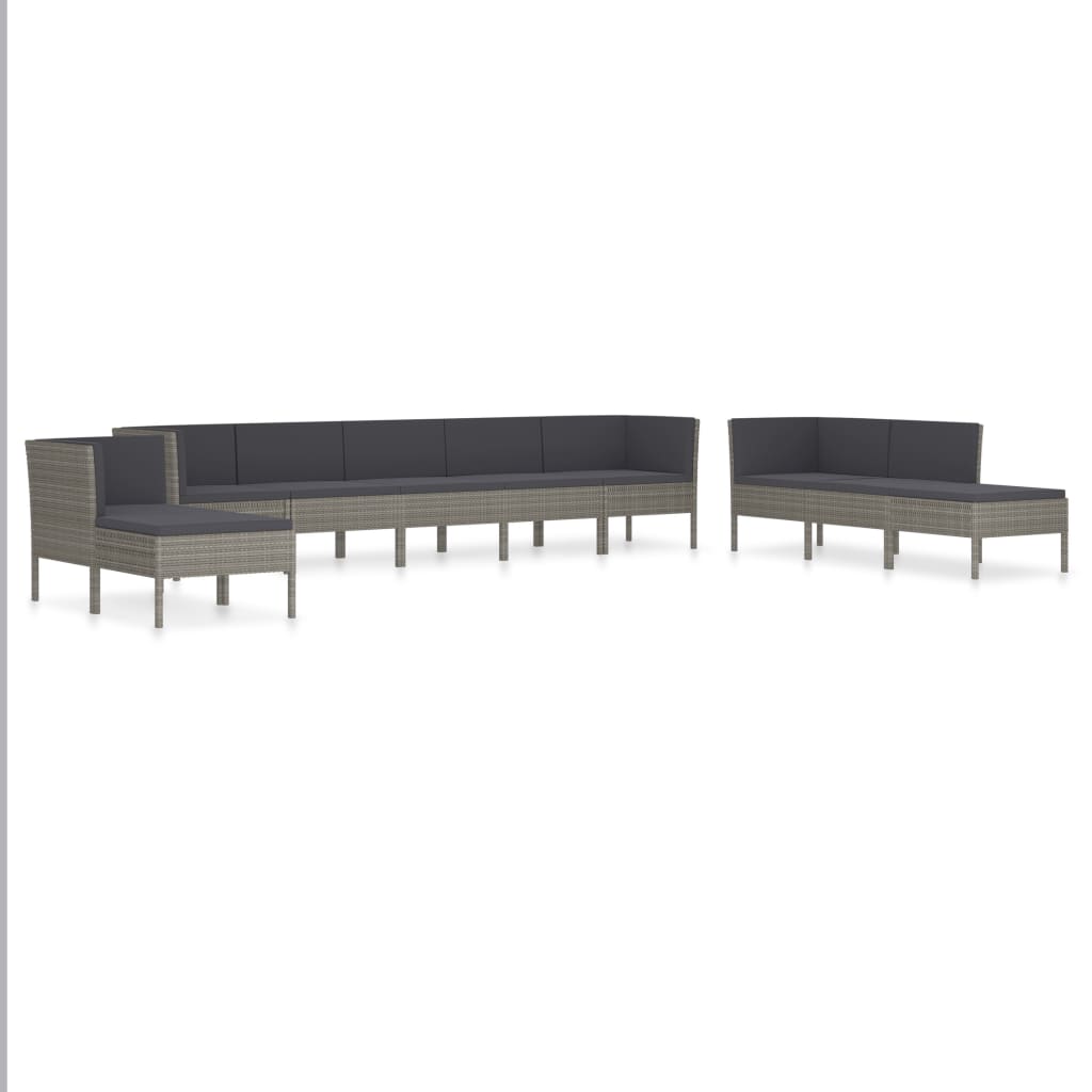 Set mobilier de gradina din 10 piese cu perne gri, vidaXL, Poliratan, 57 x 69 x 69 cm, Gri