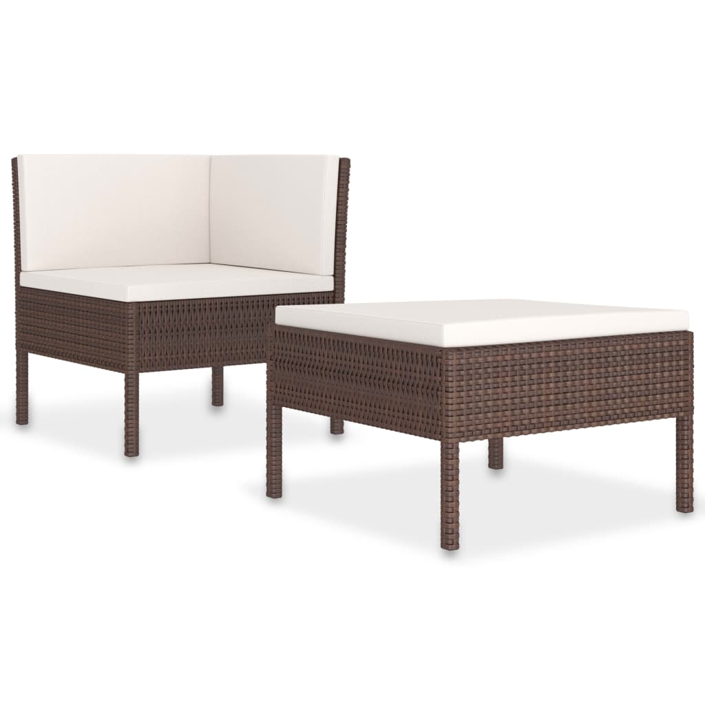 Set mobila de gradina cu 1 canapea de colt si 1 taburet cu perne crem, vidaXL, Poliratan, 69 x 69 x 69 cm, Maro