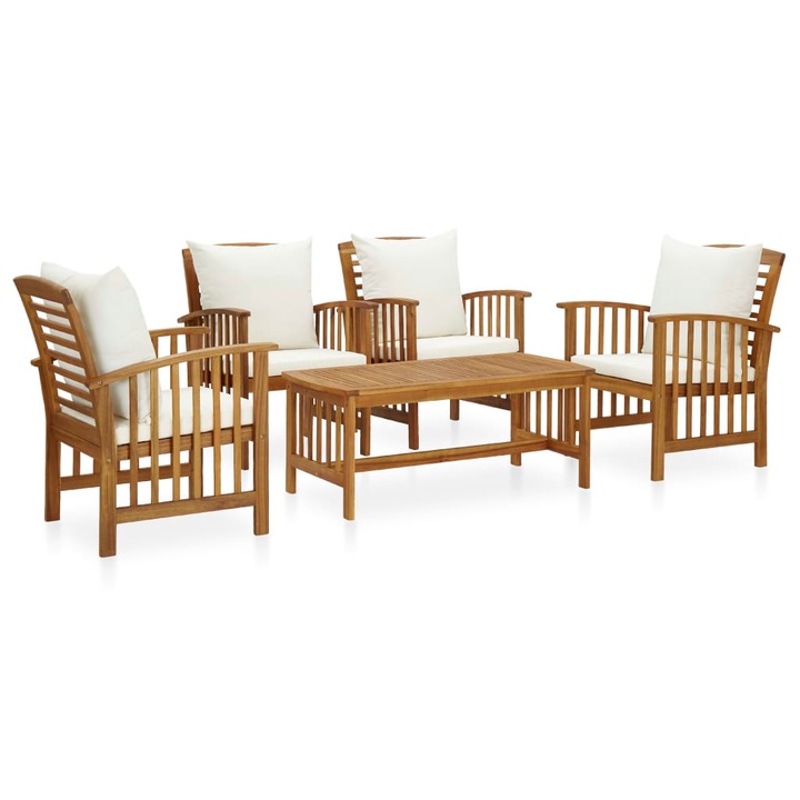 Set mobilier de exterior din 5 piese cu perne albe din lemn de acacia, vidaXL, Lemn, 102 x 50 x 43 cm, Maro