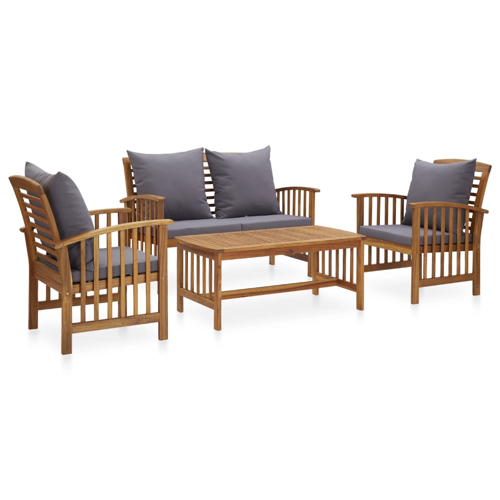 Set mobilier de gradina din 4 piese cu perne gri din lemn masiv de acacia, vidaXL, Lemn, 102 x 50 x 43 cm, Maro