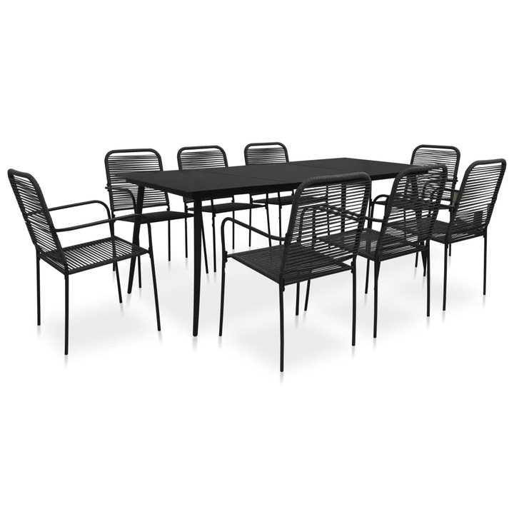 Set mobilier de gradina vidaXL, 9 piese, negru, sfoara bumbac si otel, 44.15 kg