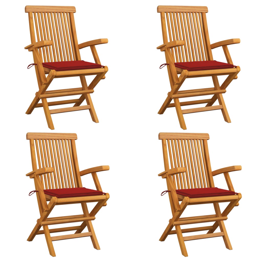 Set Scaune gradina cu perne rosii, 4 buc lemn masiv de tec 3065623