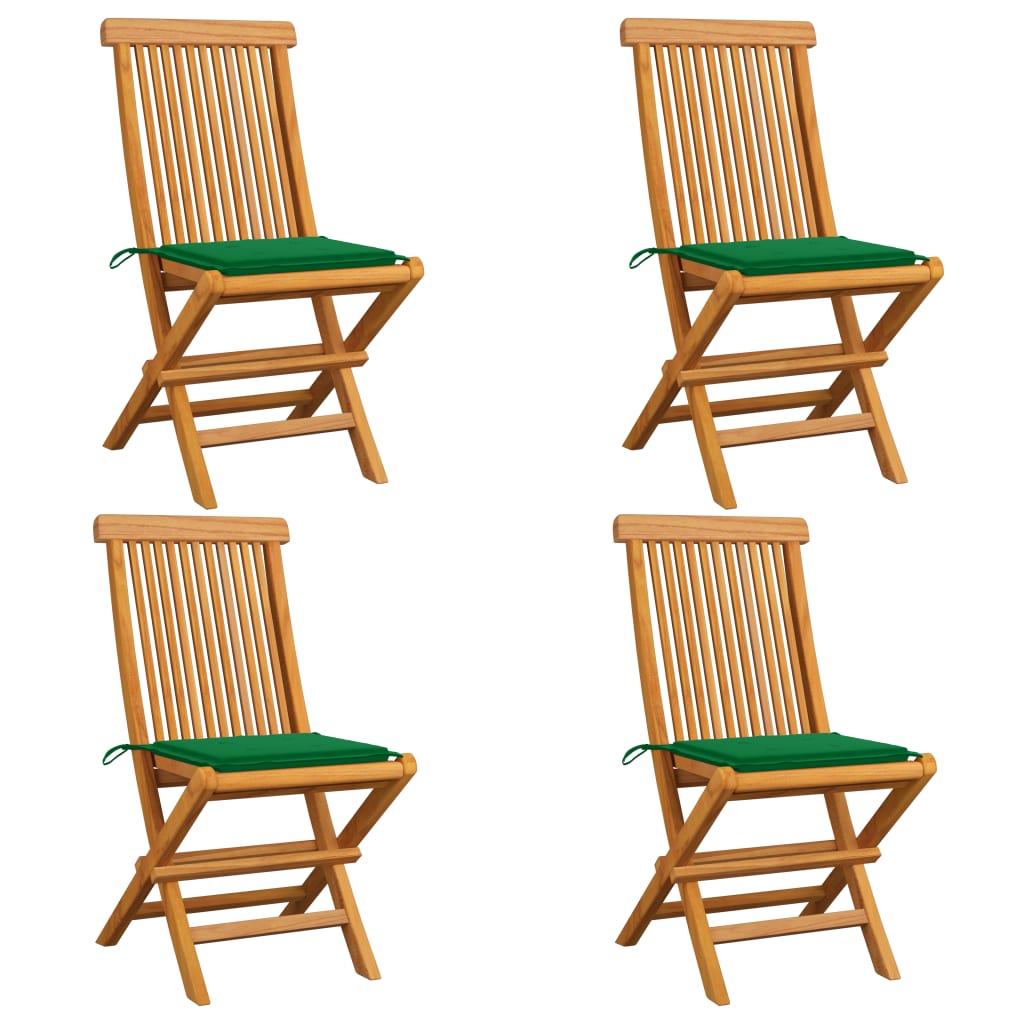 Set de 4 scaune de exterior, cu perne, vidaXL, Lemn de tec/Poliester, 47 x 60 x 89 cm, 4 cm, Maro/Perne verde