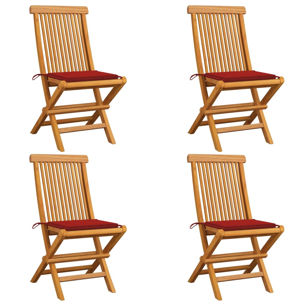 Set de 4 scaune de exterior, cu perne, vidaXL, Lemn de tec/Poliester, 47 x 60 x 89 cm, 4 cm, Maro/Perne rosu