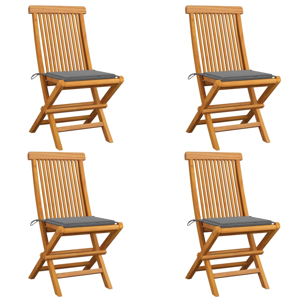 Set de 4 scaune de exterior, cu perne, vidaXL, Lemn de tec/Poliester, 47 x 60 x 89 cm, 4 cm, Maro/Perne gri