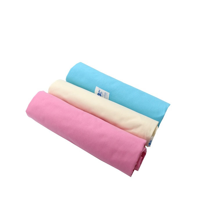 Cearceaf Balticbebe ROZ/Ivory/BLEU, Bumbac, Uni, Cu elastic - 120x60X17 cm, 3 buc/set, 0 +