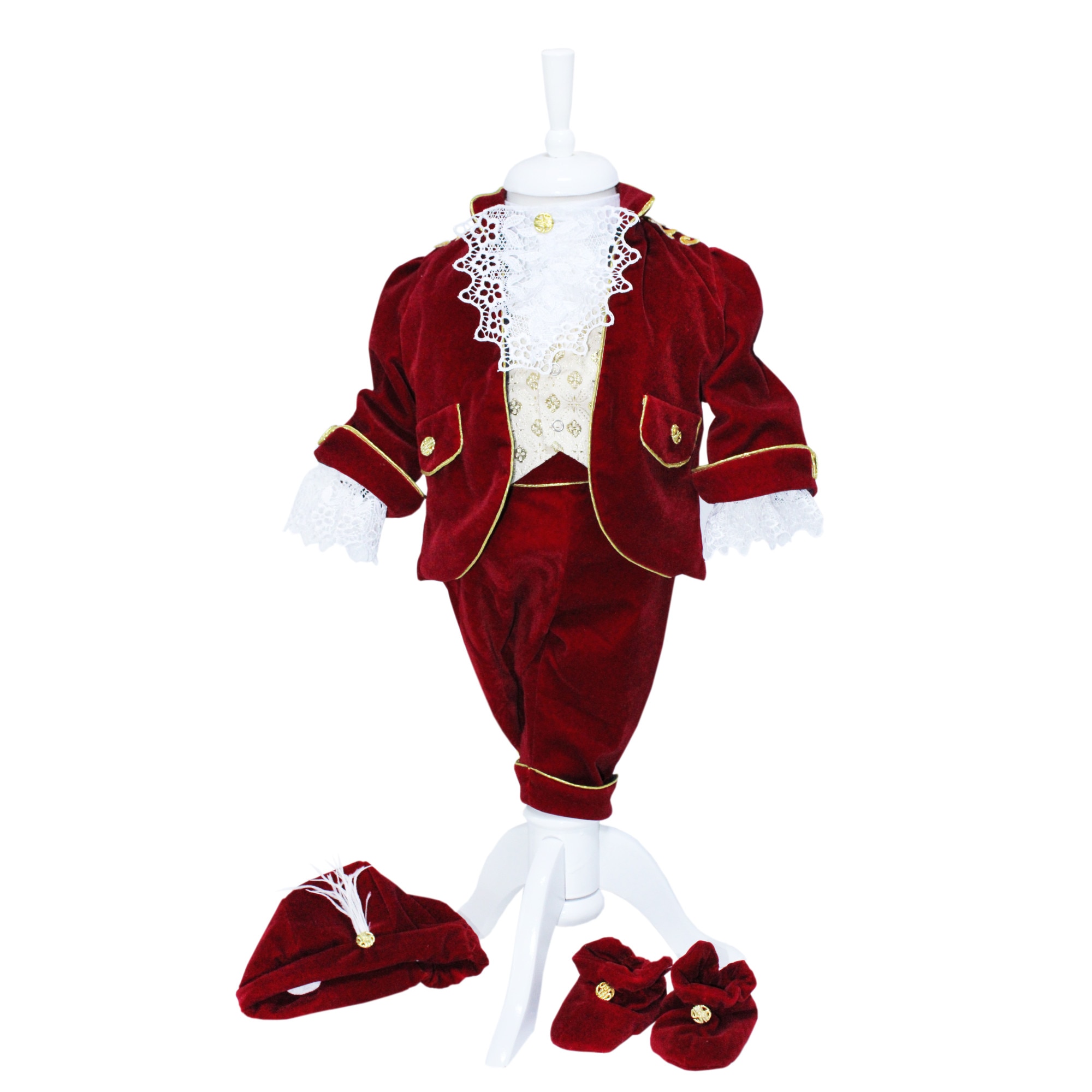 Costum visiniu din catifea, Micul Print, pentru botez, 5 piese, camasa, sacou, pantaloni, palarie, botosi, pentru baieti, REC845, 9-12 luni