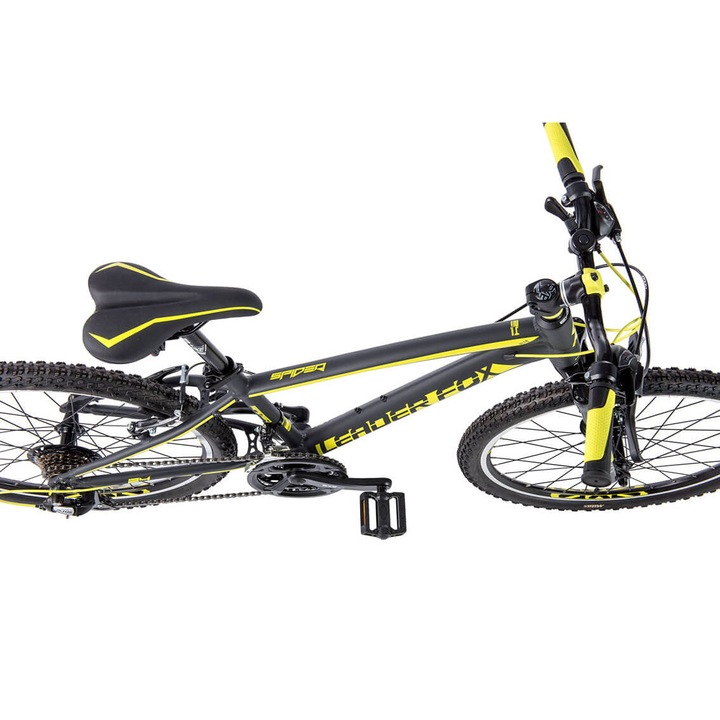Bicicleta MTB Leader Fox Spider Boy, cadru 13", 21 viteze, roata 24", negru mat-galben