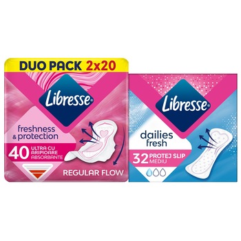 Pachet promo: Absorbante Libresse Ultra Normal, 40 bucati + Absorbante zilnice Libresse Normal, 32 bucati Pachet promo: Absorbante Libresse Ultra Normal, 40 bucati + Absorbante zilnice Libresse Normal, 32 bucati