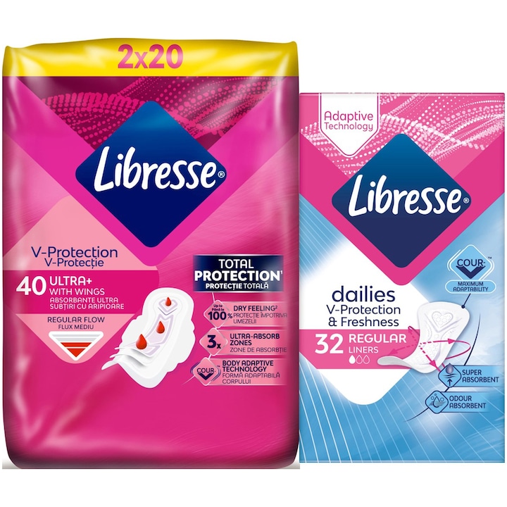 Pachet: Absorbante Libresse Ultra Normal, 40 bucati + Absorbante zilnice Libresse Normal, 32 bucati
