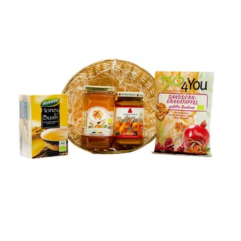 Cos cadou BIO 4, Fagurele Auriu, Bomboane cu catina bio, Ceai de honeybush bio, Gem de catina bio, Miere salcam Eco Cos cadou BIO 4, Fagurele Auriu, Bomboane cu catina bio, Ceai de honeybush bio, Gem de catina bio, Miere salcam Eco