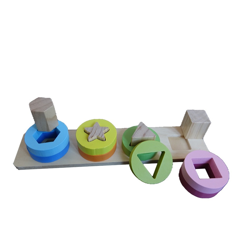 Puzzle din lemn cu forme geometrice, multicolor, 30 cm