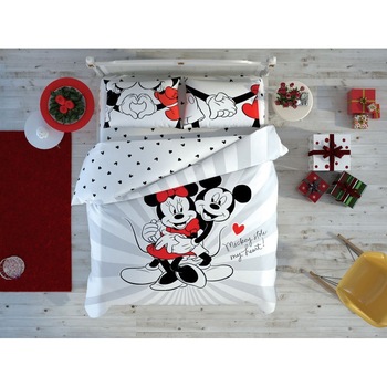 Lenjerie Fosforescenta pentru pat dublu cu cearceaf cu Elastic, 4 piese, Bumbac 100%, Tac, Disney Minnie & Mickey, Love Day Lenjerie Fosforescenta pentru pat dublu cu cearceaf cu Elastic, 4 piese, Bumbac 100%, Tac, Disney Minnie & Mickey, Love Day