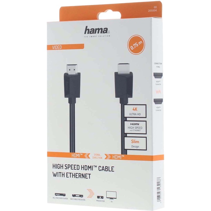 Hama HDMI Kábel, 205004, 4k, Ethernet, 0,75 m, Fekete