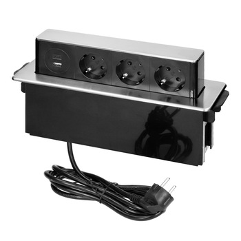 Priza pentru mobilier ORNO OR-GM-9014(GS)/B-G, incastrabila, panou culisant, 3 prize Schuko, 2 x USB Quick Charge 3.0, 3680 W, lungime cablu 2 m, negru/gri Priza pentru mobilier ORNO OR-GM-9014(GS)/B-G, incastrabila, panou culisant, 3 prize Schuko, 2 x USB Quick Charge 3.0, 3680 W, lungime cablu 2 m, negru/gri