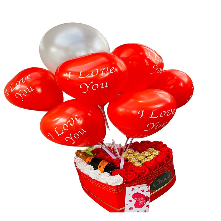 Cutie Cadou, ChocoBox, Gift BOX II, include Sampanie Prosseco, Trandafiri, Ferrero Rocher si multe Baloane I LOVE YOU