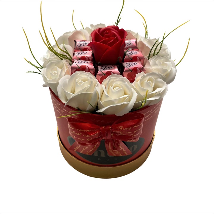 Cutie Cadou, ChocoBox, Gift Box IV, include Trandafiri si Ciocolata Mon Cherry