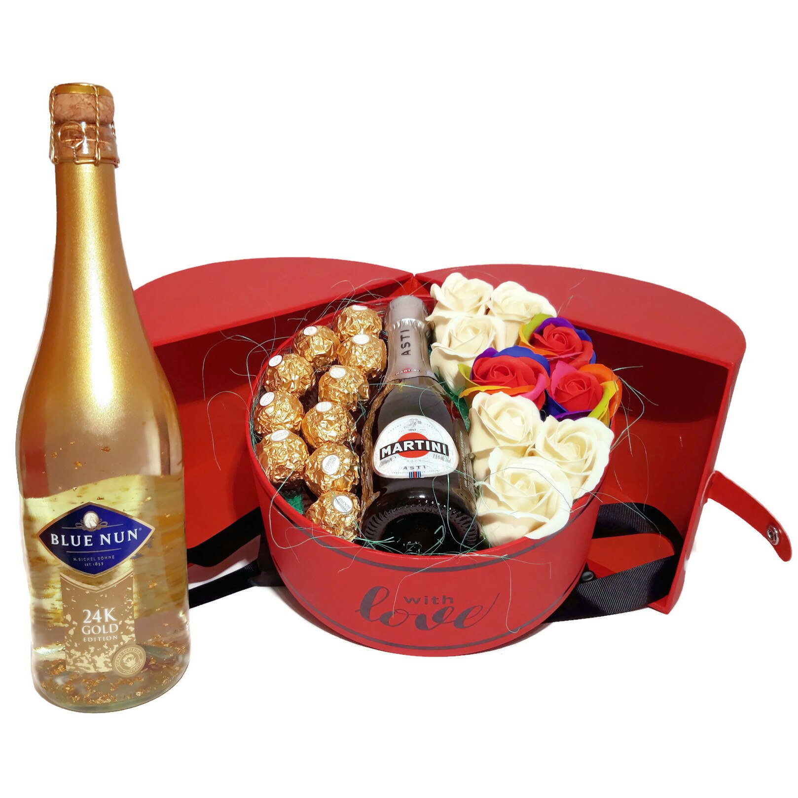 Pachet cadou pentru cuplu, include spumant cu aur Blue Nun Gold 24k, 0.75l, spumant Asti Martini Dolce 0.2l, cutie cu praline Ferrero Rocher si trandafiri de sapun