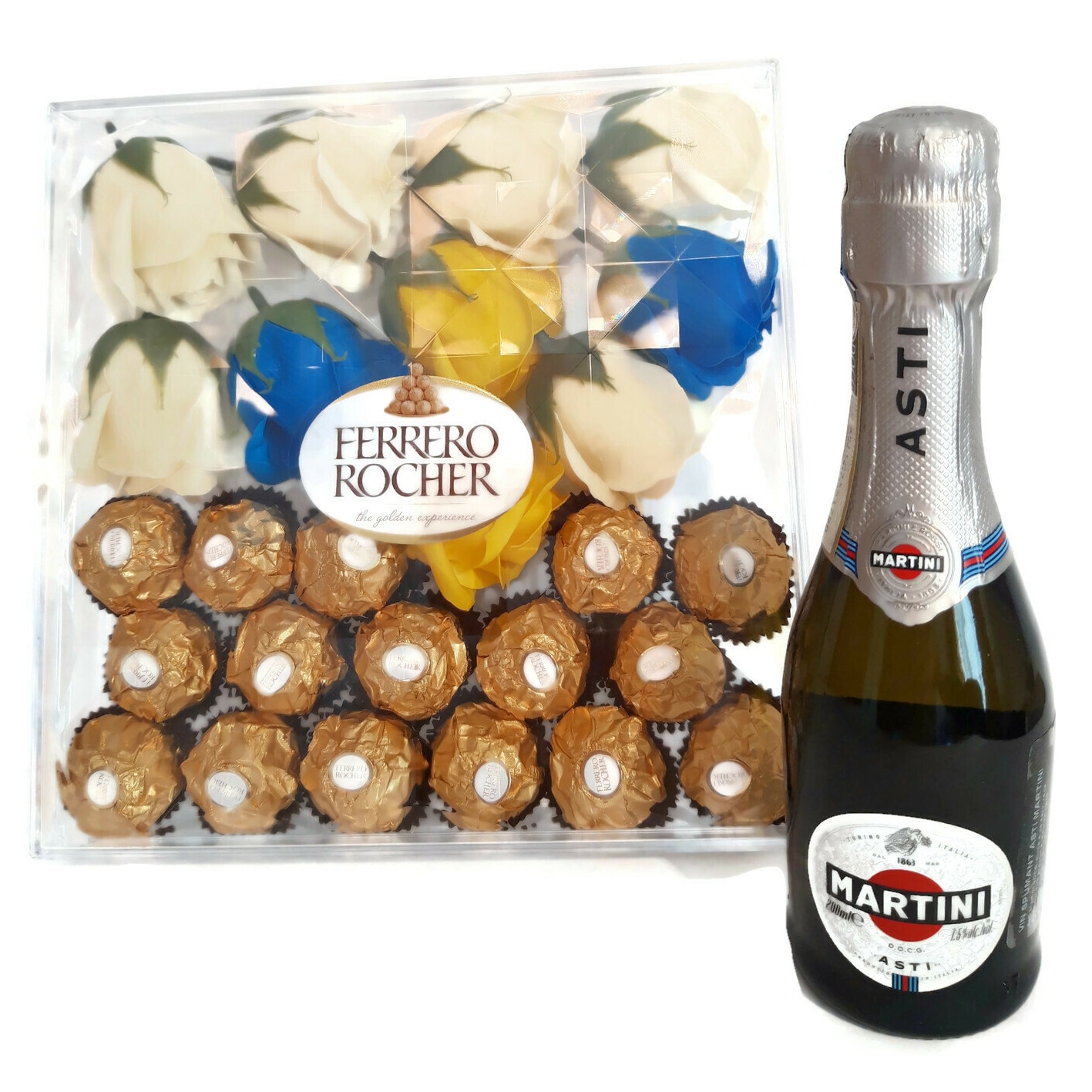 Pachet cadou pentru ea, include spumant Asti Martini Dolce 0.2l si cutie acrilica Ferrero Rocher cu praline si trandafiri de sapun