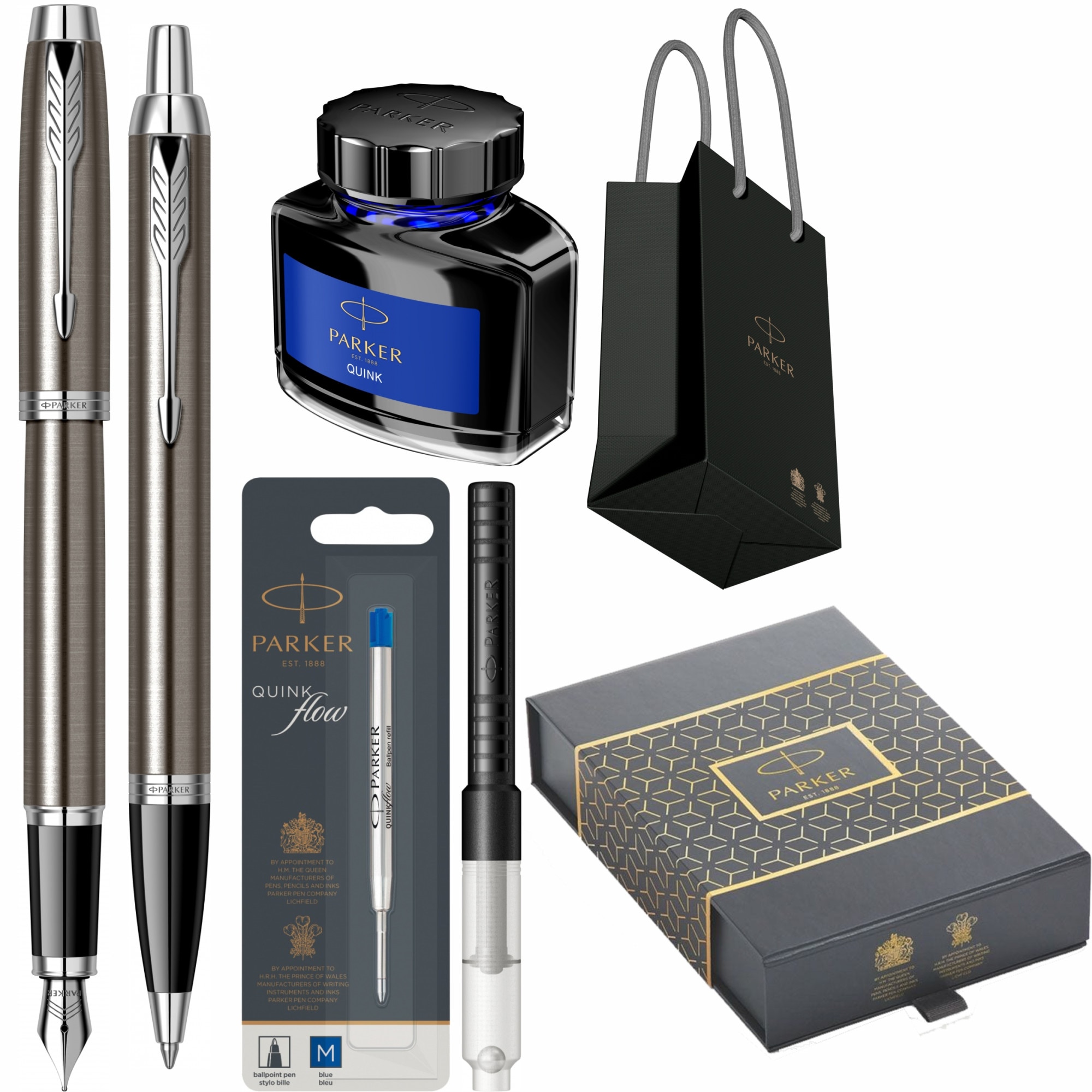 Set Parker Stilou Pix IM Royal Dark Espresso CT Personalizat prin Gravura Laser in cutie duo cu rezerva mina pix Quink Flow Albastru M/F, convertor functional, calimara cerneala si punga