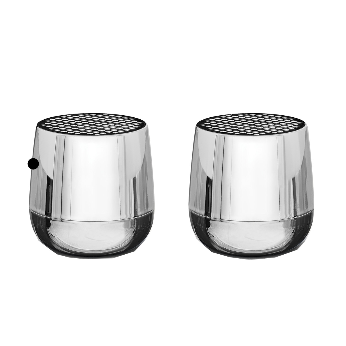 Set speakere portabile Lexon, Twin Mino+, conectare Bluetooth, functie hands-free, functie telecomanda pentru selfie-uri, incarcare wireless/USB-C, design mini, crom metalic