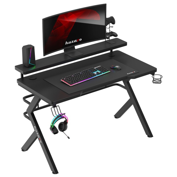 Бюро Gaming Huzaro Hero 5.0, Стойка за монитор, Алуминий/HDF, Черен, 120x60x69,5 см