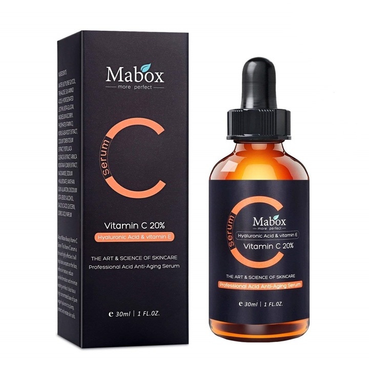 Ser Cu Vitamina C 20%, Mabox, Cu Acid Hialuronic Si Vitamina E, Antioxidant, Iluminator, Hidratare Profunda, Regenerare, Potrivit Pentru Ten Normal Si Sensibil, Textura Usoara, Absorbtie Rapida, 30 ml, Transparent