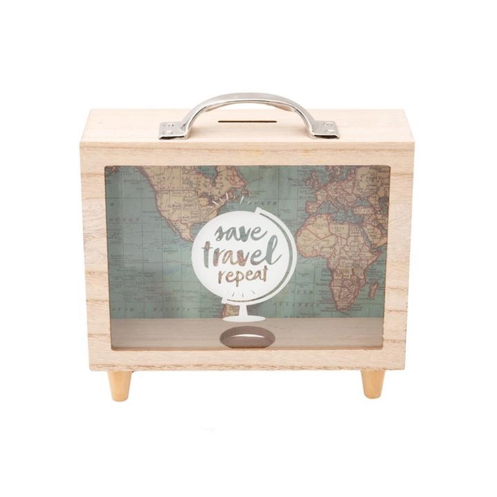Касичка за спестяване на пари от почивка, модел куфар, с карта на света, 21x7x22 см