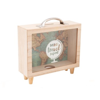 Pusculita pentru economisirea banilor de vacanta, model valiza, cu harta lumii, 21x7x22 cm Pusculita pentru economisirea banilor de vacanta, model valiza, cu harta lumii, 21x7x22 cm