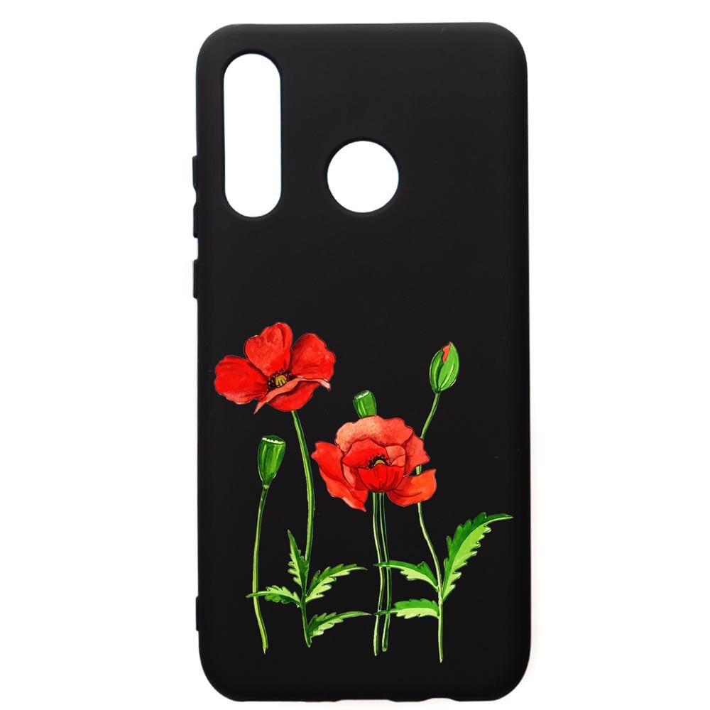 Husa de protectie Huawei P30 Lite, Red Flower, silicon, cu interiorul din material textil, protectie camera, PB643