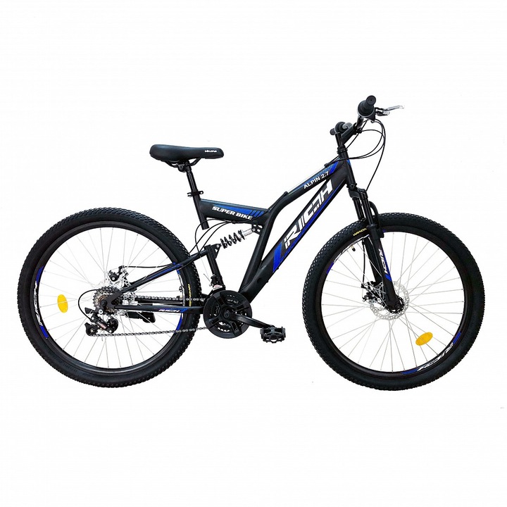 Bicicleta MTB cu roti de 27.5", frane DISC-fata/spate, 18 Viteze, negru/alb/albastru, Mountain Bike Rich Alpin Genius 2.7 cu Dubla Suspensie