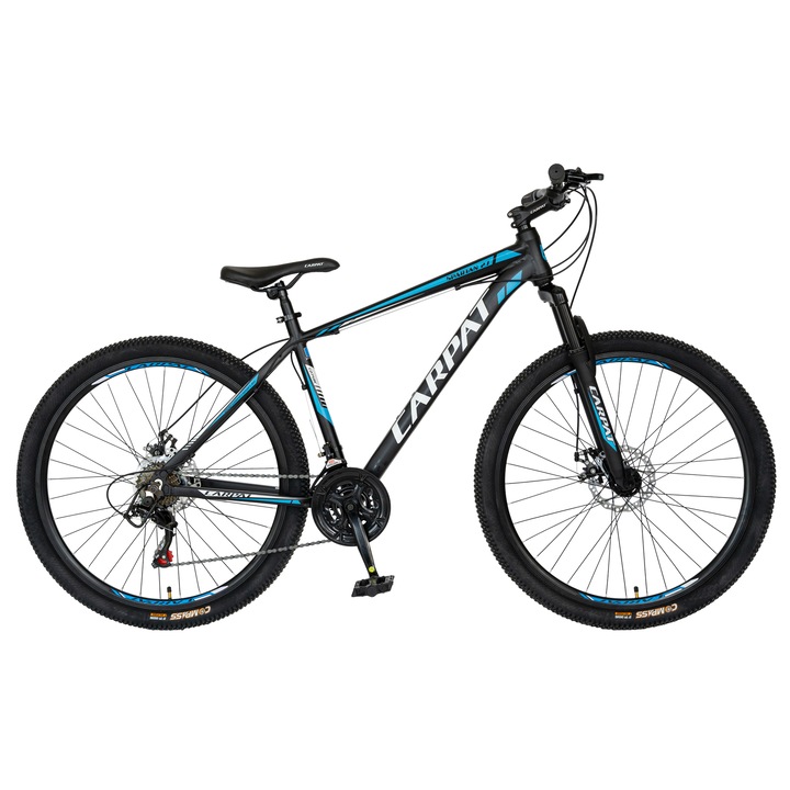 CARPAT Spartan JSX2758 mountain bike, alumínium váz, Shimano felszereltség, első felfüggesztés, 27 hüvelykes kerék, első/hátsó tárcsafék, 21 sebesség, fekete/kék/fehér