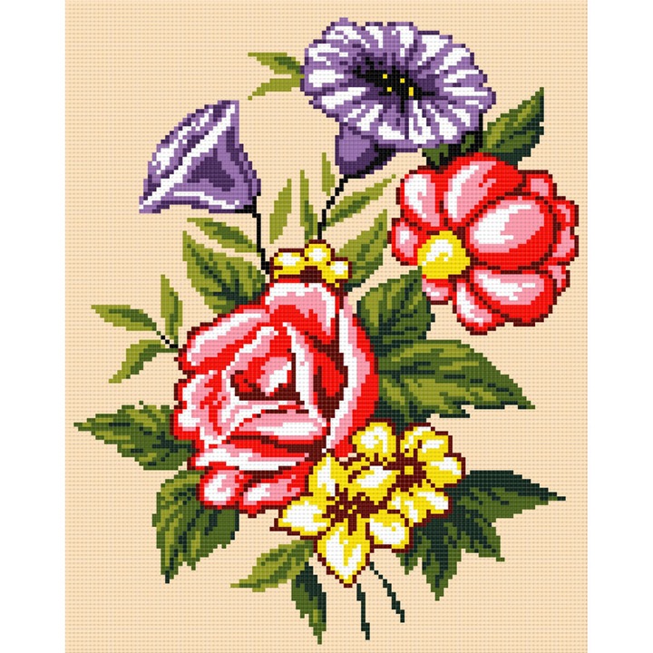 Goblen flori , Hudemas , kit imprimat pe panza , cu fire mouline 12x15cm