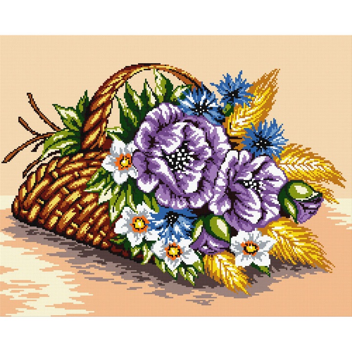 Goblen cos cu maci mov , Hudemas , kit imprimat pe panza , cu fire mouline 20x25cm