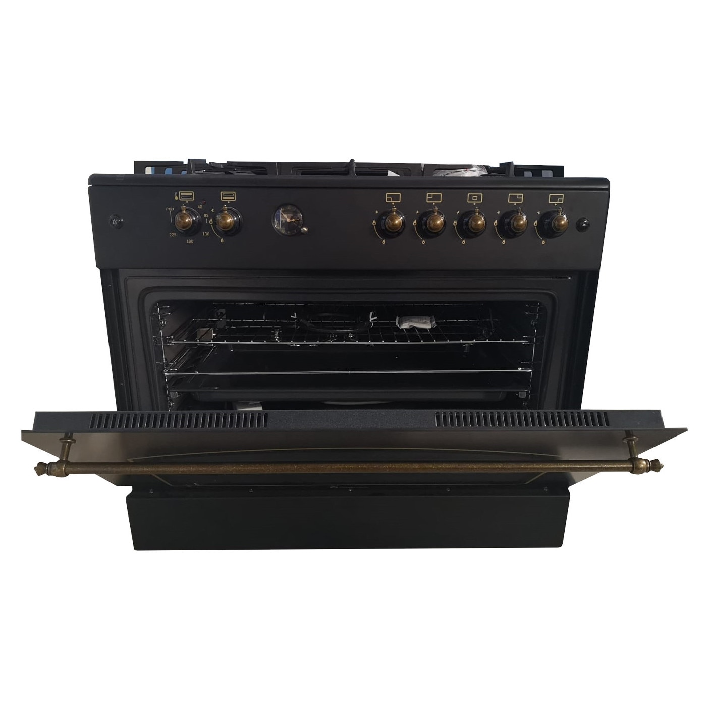 Pachet rustic aragaz Modena 90 cm si hota decorativa 90 cm Tosca, Studio Casa, 5 arzatoare gaz, rotisor, grill electric, gratare fonta, 648 mc /h, finisaj negru