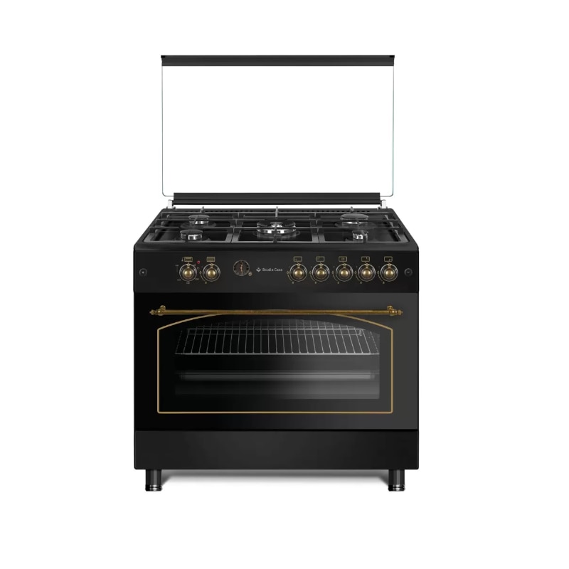 Pachet rustic aragaz Modena 90 cm si hota decorativa 90 cm Tosca, Studio Casa, 5 arzatoare gaz, rotisor, grill electric, gratare fonta, 648 mc /h, finisaj negru