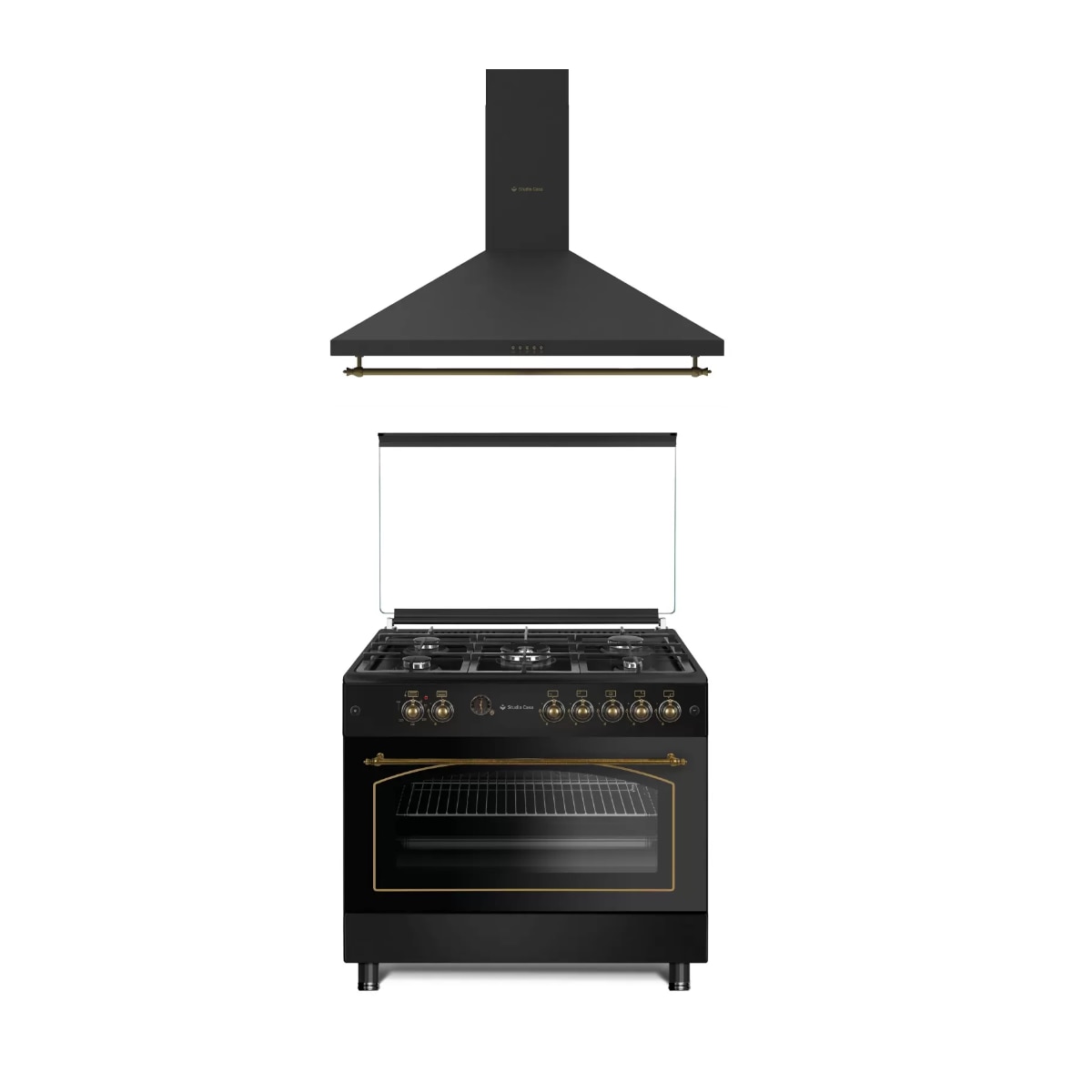 Pachet rustic aragaz Modena 90 cm si hota decorativa 90 cm Tosca, Studio Casa, 5 arzatoare gaz, rotisor, grill electric, gratare fonta, 648 mc /h, finisaj negru