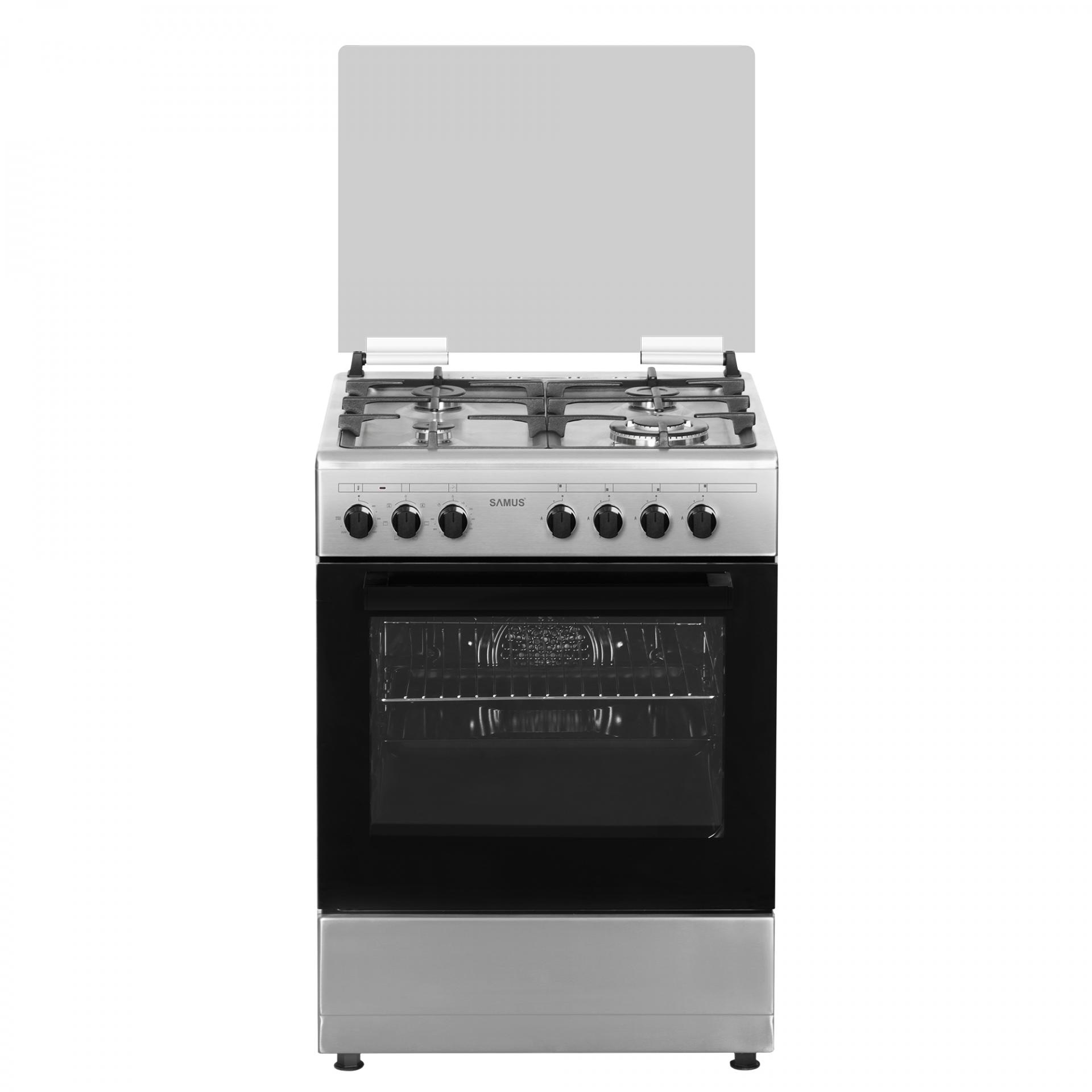 Aragaz mixt Samus SM662AENS INOX, Gaz, 4 Arzatoare, Arzator Wok, Cuptor electric, 56 L, 59.8 cm, Inox