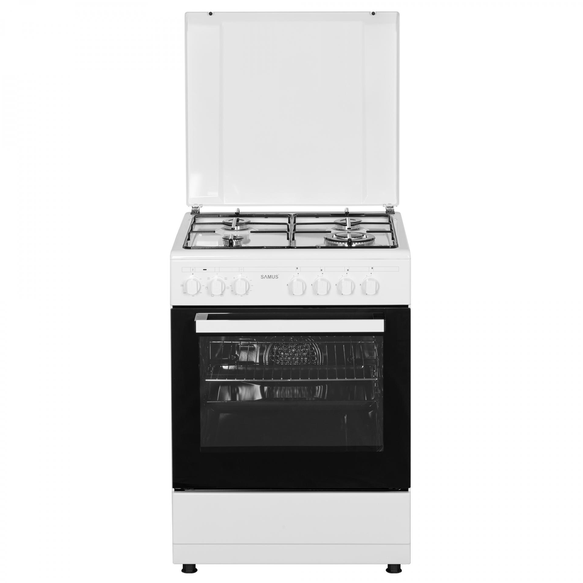 Aragaz Samus SM662AENS, 4 Arzatoare Gaz, Cuptor electric, 56L, 7 Functii, Timer, Alb