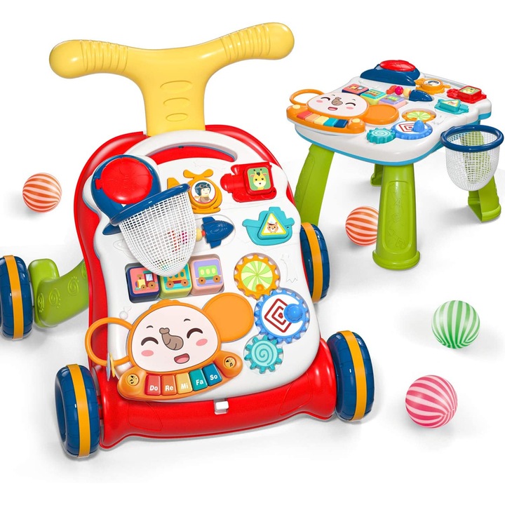 Antemergator Interactiv 5 in 1, "LikeSmart Elephant Stroller PLUS" cu Masuta Interactiva Detasabila, Recipient Greutate, Mini Cos de Baschet, Sunete, Red