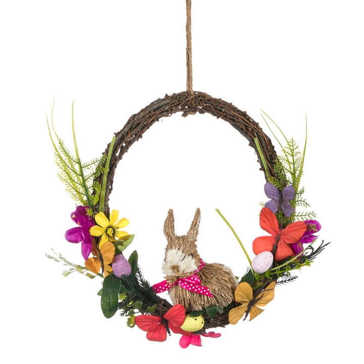 Coronita decorativa de Paste cu iepure, flori si oua, 29 cm