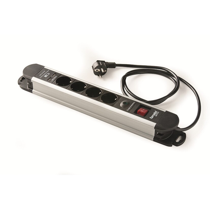 Prelungitor din aluminiu Famatel 4 prize schuko 16A 230V + 2xUSB 2,1A/5V cu protectie la supratensiune