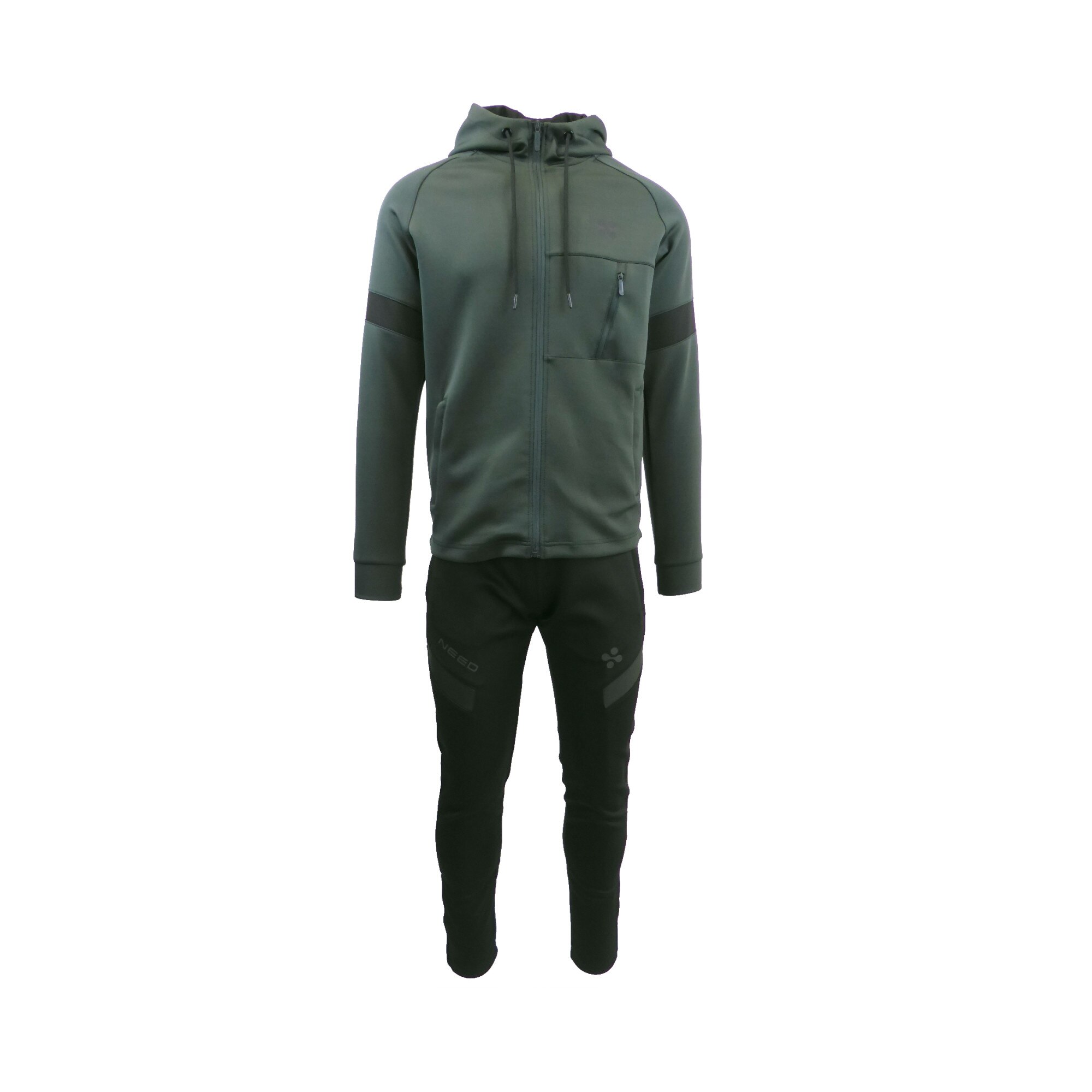 Trening barbat, UNIVERS FASHION, din silon, jacheta culoare kaki, cu 3 buzunare cu fermoare, pantaloni negru cu 2 buzunare cu fermoare