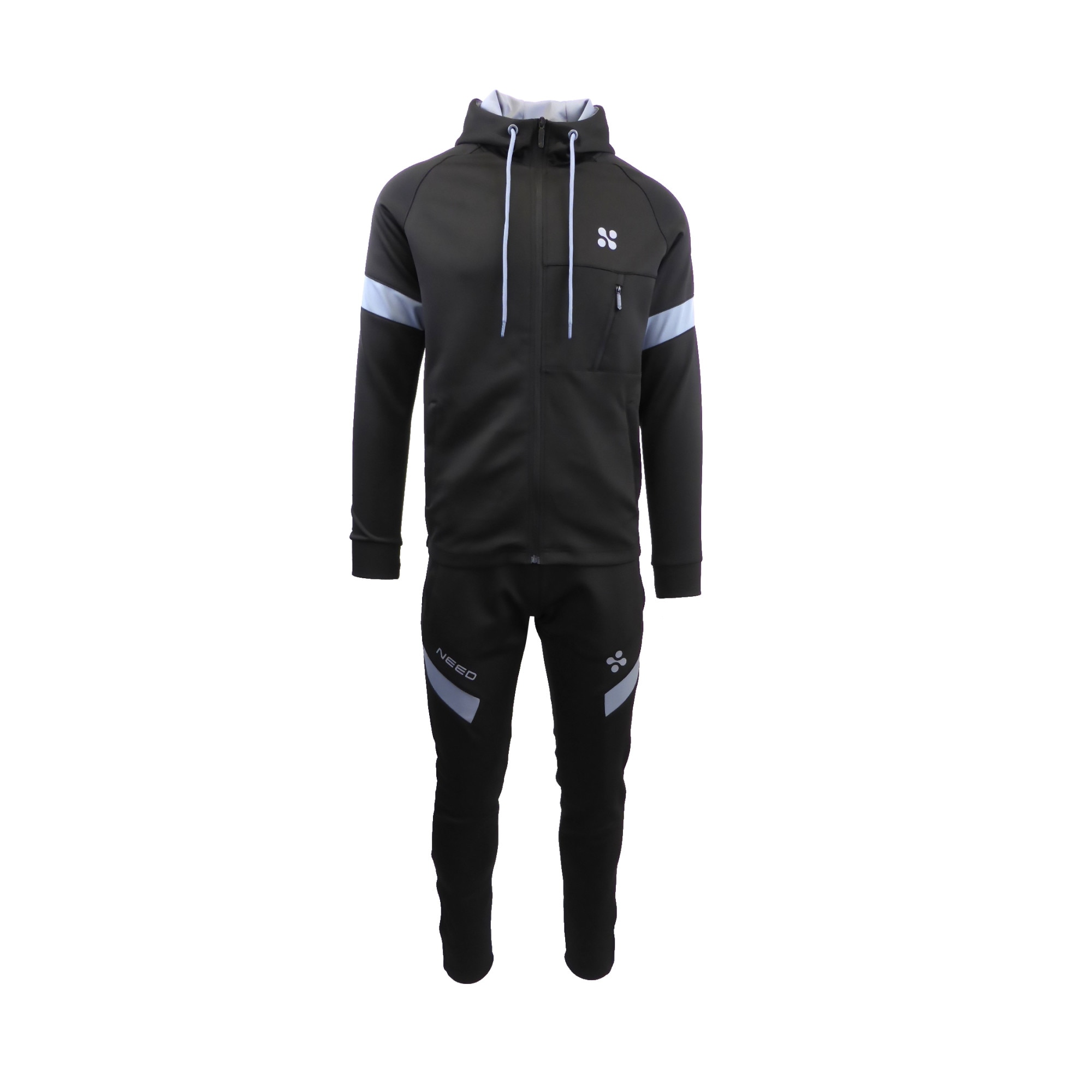 Trening barbat, UNIVERS FASHION, din silon, jacheta culoare neagra, cu 3 buzunare cu fermoare, pantaloni negru cu 2 buzunare cu fermoare