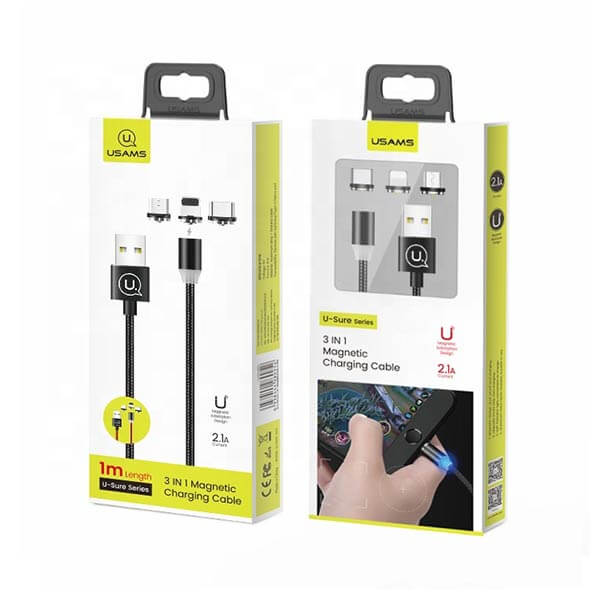 Set Cablu de Incarcare Usams SJ438, Magnetic 3 in 1 USB la USB Type-C, Lightning, Micro USB, 1m, Negru